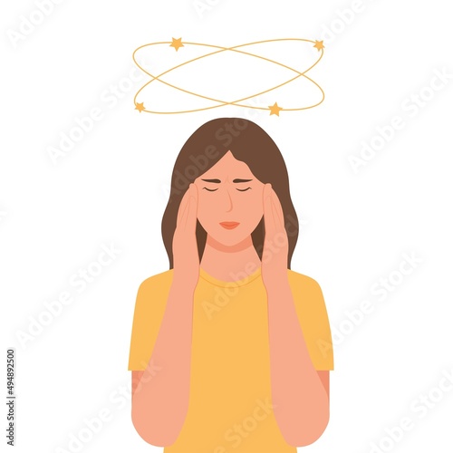 Dizziness. Woman with closed eyes holds her hand on head, stars spin around his head. Sick woman with vertigo.Vector illustration, flat design.