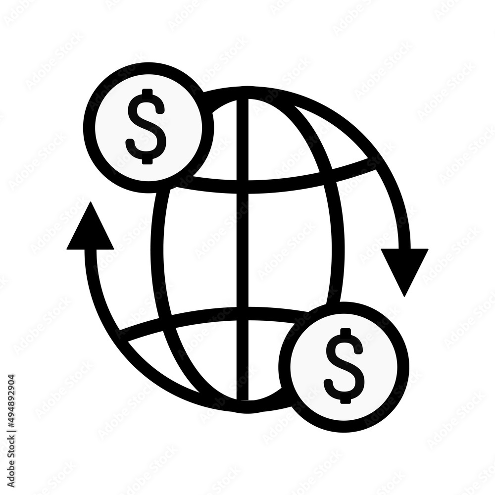 Global transfer thin line icon money moving around globe. Modern vector illustration. - obrazy, fototapety, plakaty 