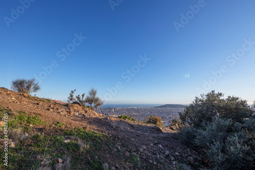 November, view of the city of Barcelona from the mountain on a sunny day. Urban landscape. Blue sky over the city, green vegetation in the foreground.