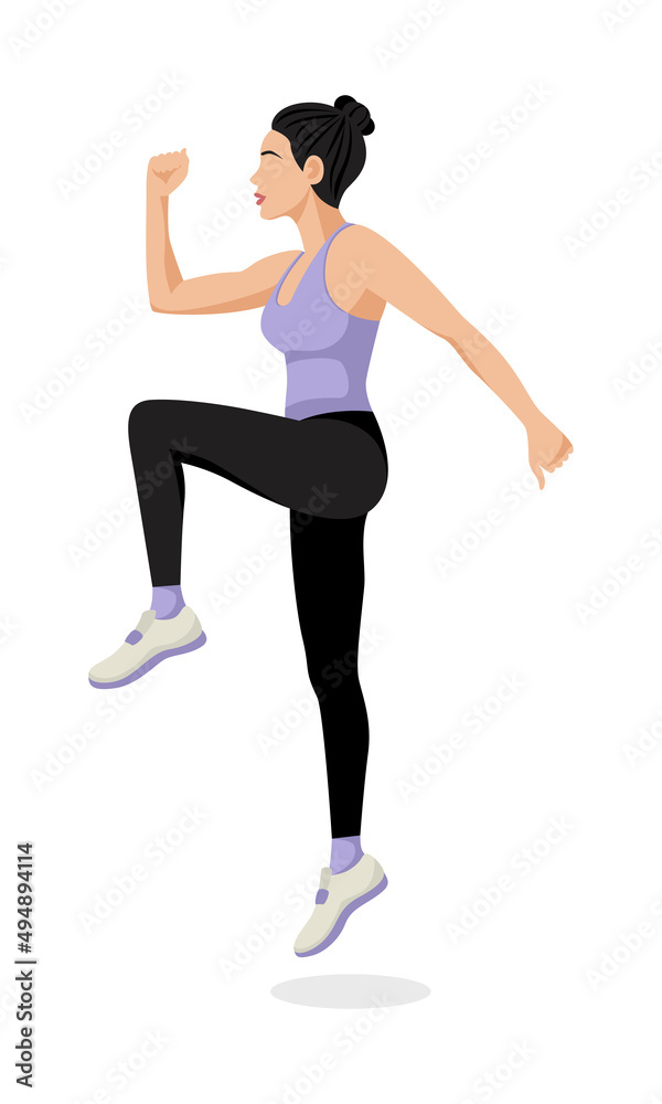 Fototapeta premium Beautiful athletic woman doing running on the spot, jumping. Fitness body workout. Vector illustration isolated on white background