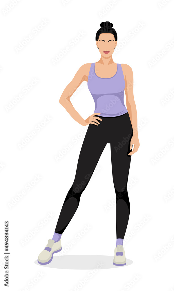 Beautiful athletic woman is standing. Fitness body workout. Vector illustration isolated on white background