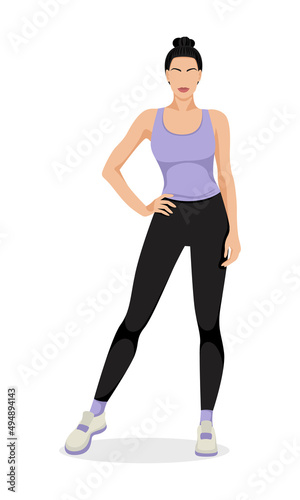 Beautiful athletic woman is standing. Fitness body workout. Vector illustration isolated on white background