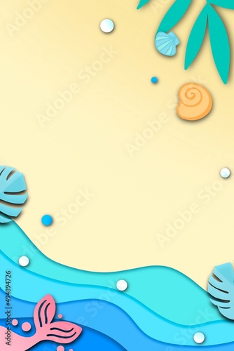 Beach sea background with mermaid, seashell, leaves, concept framework, drink, artwork, splash, wallpaper, card, summer, sea ​​view, sky