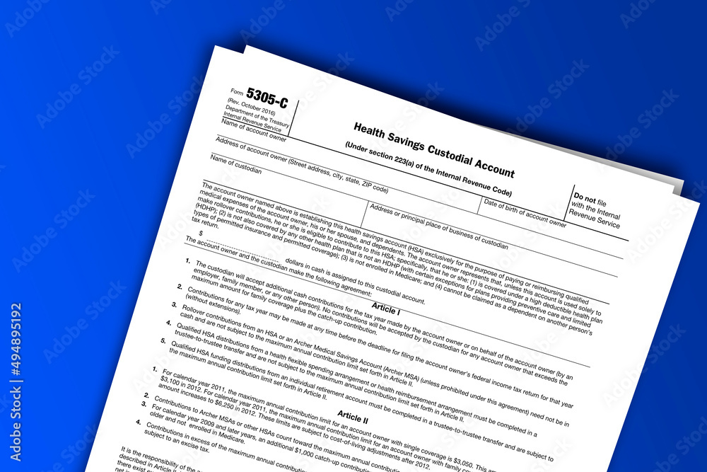 Form 5305-C documentation published IRS USA 42949. American tax document on colored Form 5305-C documentation published IRS USA 42949. American tax document on colored