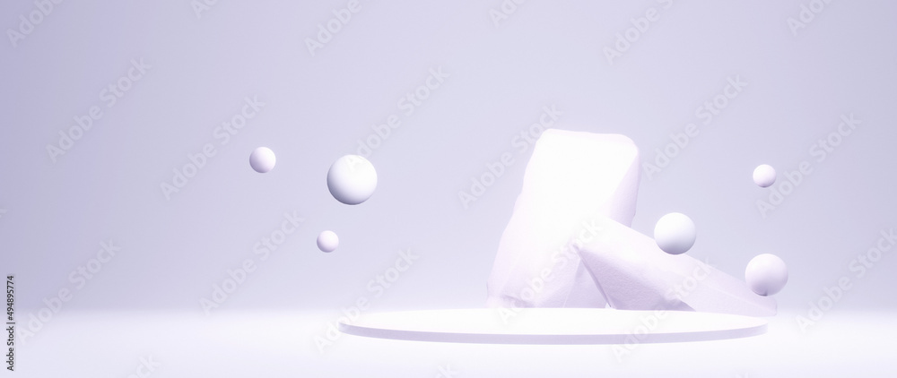 Trendy Luxurious And Elegant Stage Pedestal Platform With Spheres Around Calm Light Smooth Colors Display Background Clean Concept Presentation Templates 3D Rendering