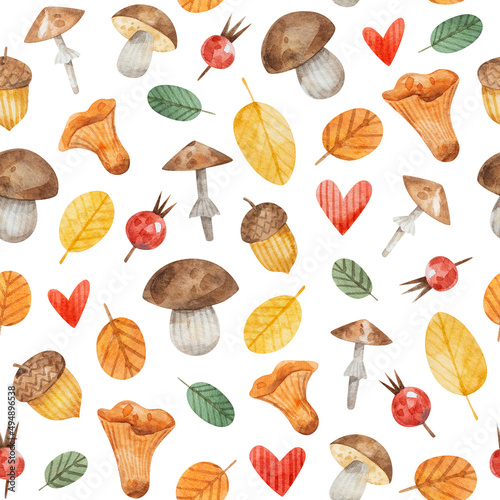Bright watercolor autumn pattern with yellow leaves, mushrooms, acorns and rosehip berries. Hand-drawn seamless texture 