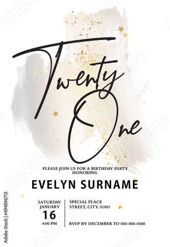 Birthday card party invitation in vector. Twenty one birthday crd template luxury elegance card with watercolor background in beige grey colors gold splashes 
