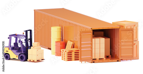 Vector shipping container and forklift. Maritime cargo container loading with pallets and cardboard boxes. Shipping, storage and goods transport. International trade, import and export illustration