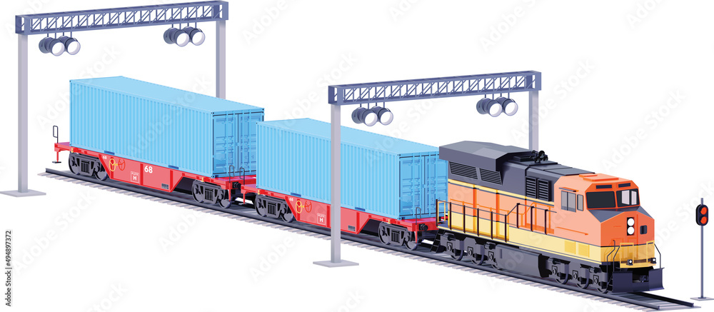 Vector freight train and container railcars. Locomotive and container railroad cars. Railway transportation. International trade and logistics illustration