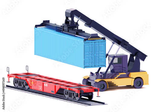 Vector reach stacker or container loader loading railroad car. Crane lifting maritime intermodal cargo container over railcar. International trade and logistics illustration