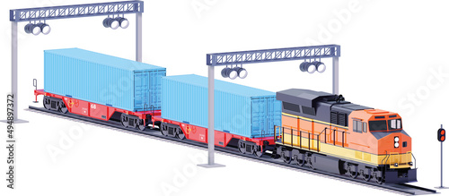 Vector freight train and container railcars. Locomotive and container railroad cars. Railway transportation. International trade and logistics illustration