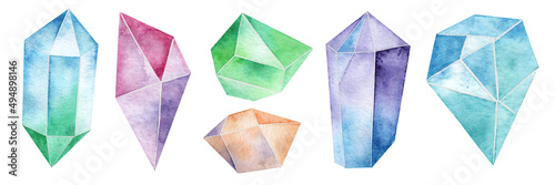 Watercolor set of crystals isolated on white background. Hand drawn gems.