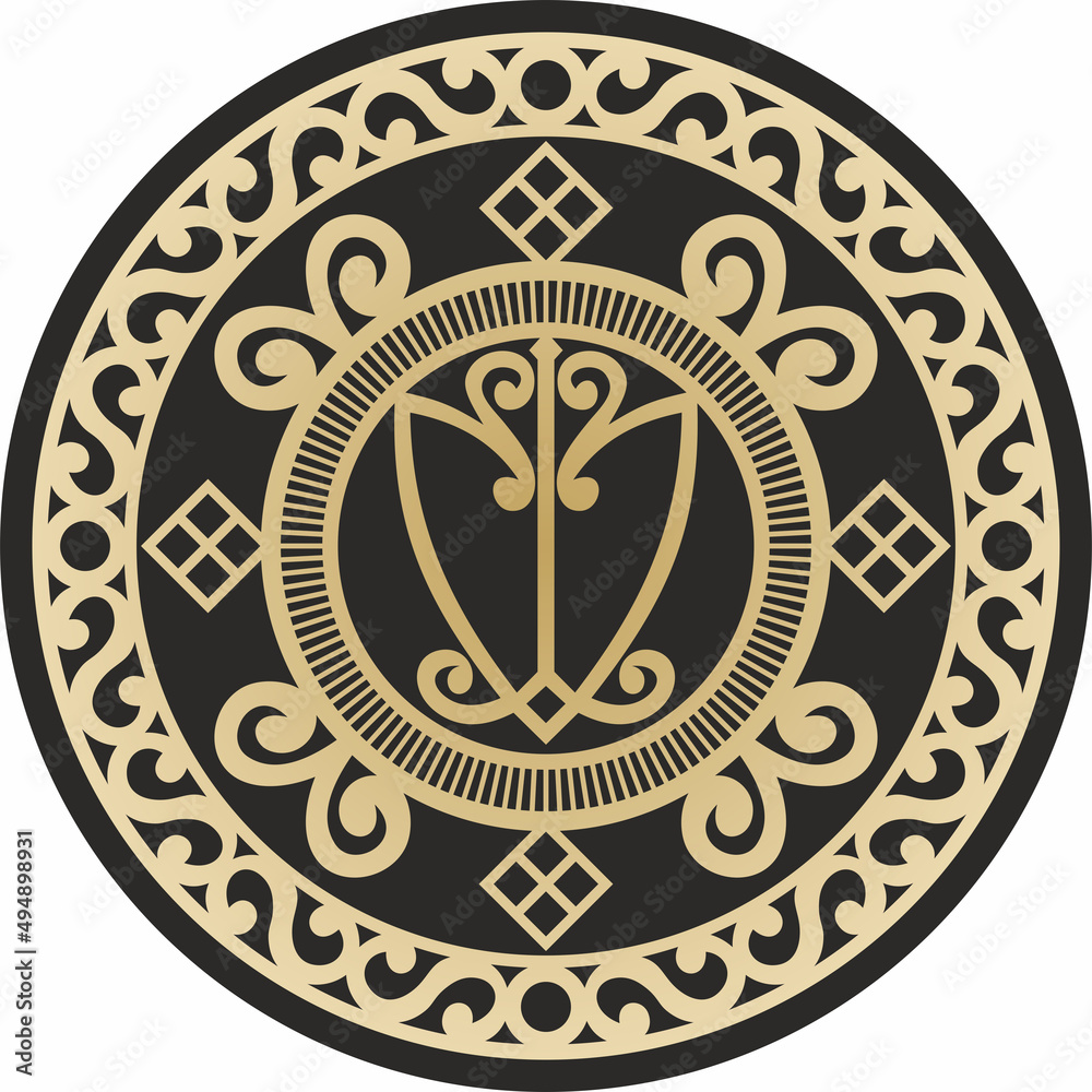 Vector golden Yakut national round ornament, wealth amulet. Ethnic circle, northern peoples of the tundra, taiga, Siberia.
