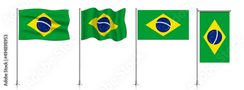 Vector set of Brazil flags on a metallic pole, isolated on a white background.