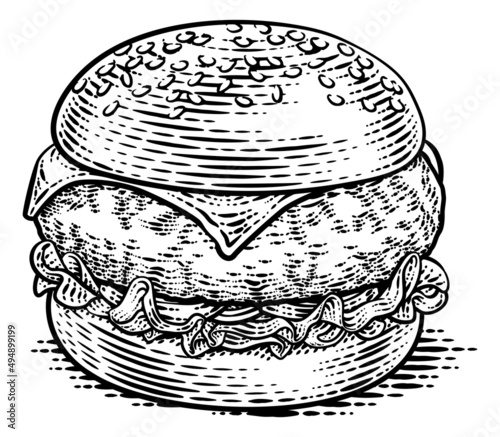 Burger Hamburger Vintage Woodcut Illustration