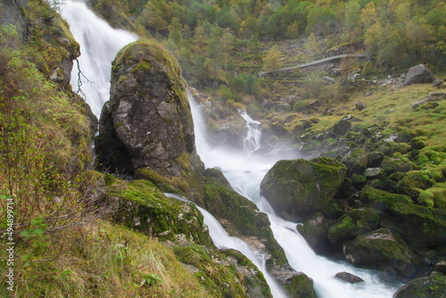 Obraz na płótnie Kleivafossen Waterfall seen from the Briksdalsbreen Trail, Norway w salonie