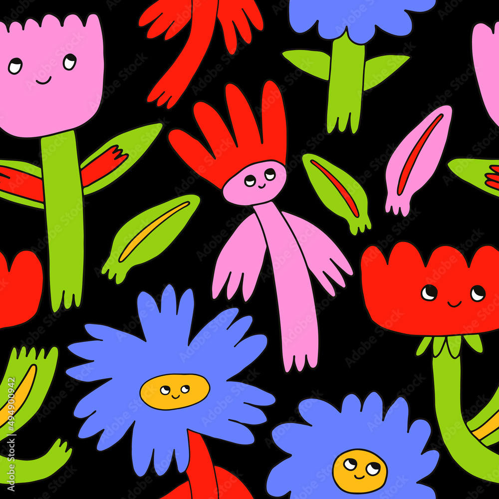 1970 good vibes and 1970 daisy flower.vector psychedelic art - seamless pattern with hippie flowers.Funky and groovy floral ornament.Vibrant square textile with flowers dudes characters. 