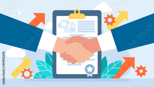 Concluding an agreement. Handshake as a sign of support, cooperation, consent. Diplomacy as a solution to the conflict. Signing the contract. Businessmen shake hands. Vector flat business illustration