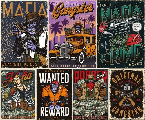 Colorful vintage posters set with criminals
