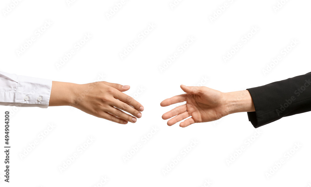 Hands of women on white background