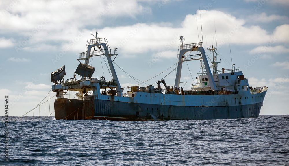 Fishing vessel lifts trawl tackle off the southern tip of Africa.