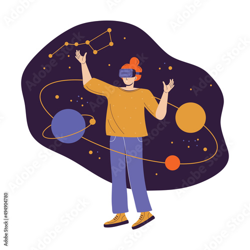 Metaverse Digital virtual reality simulation. Woman in glasses and a headset VR online connecting to virtual space and universe and studies planets and constellations. Break The Science Bias.