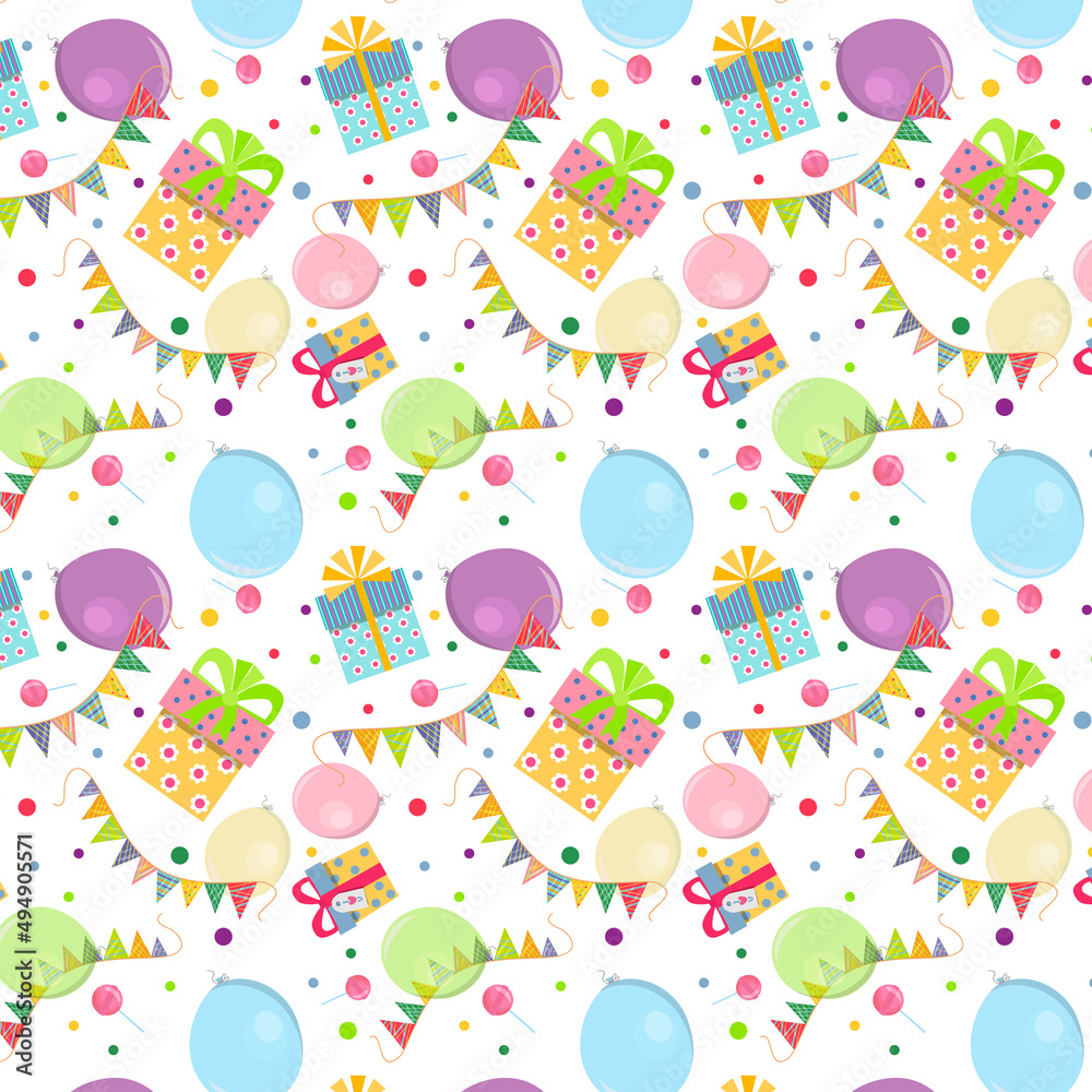 Seamless pattern with holiday garlands, balloons, gifts. Seamless pattern with holiday garlands, balloons, gifts.
