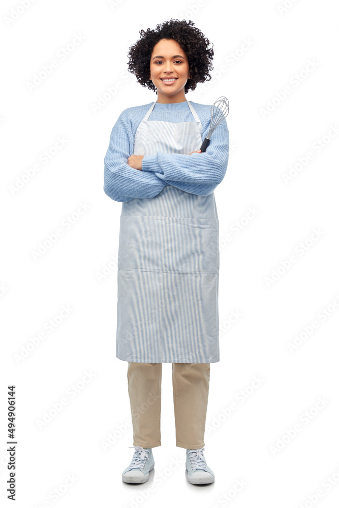 cooking, culinary and people concept - happy smiling woman in apron with whisk over white background cooking, culinary and people concept - happy smiling woman in apron with whisk over white background