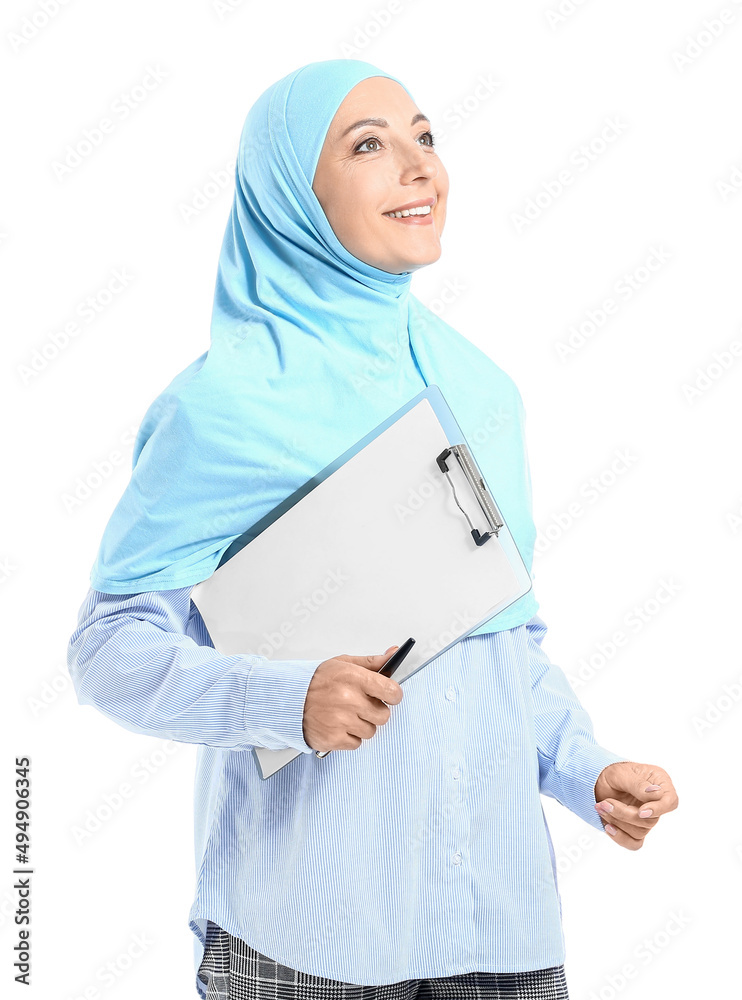 Portrait of Muslim secretary with clipboard on white background