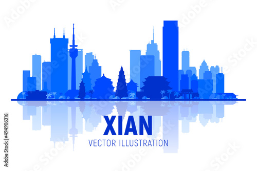 Xian skyline. (China ) Vector illustration. Business travel and tourism concept with modern buildings. Image for presentation, banner, web site.