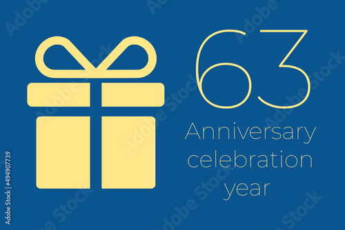 63 logo. 63 years anniversary celebration text. 63 logo on blue background. Illustration with yellow gift icon. Anniversary banner design. Minimalistic greeting card.  sixty-three  postcard photo