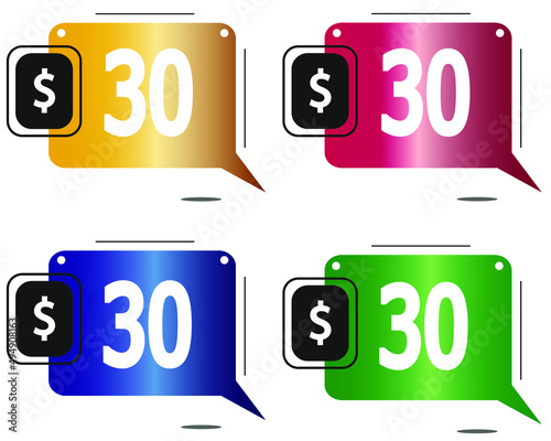 $30 dollars price. Yellow, red, blue and green coin labels.
vector for sales and purchase