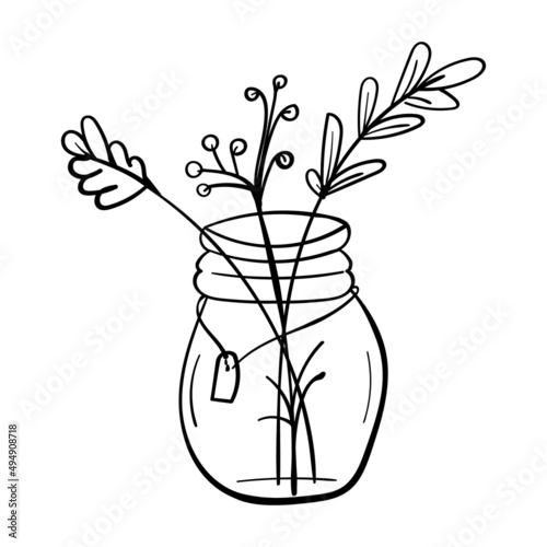 Jar with a bouquet. Decoration object for cozy home. Vector illustration