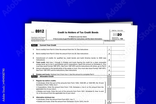 Form 8912 documentation published IRS USA 12.15.2020. American tax document on colored