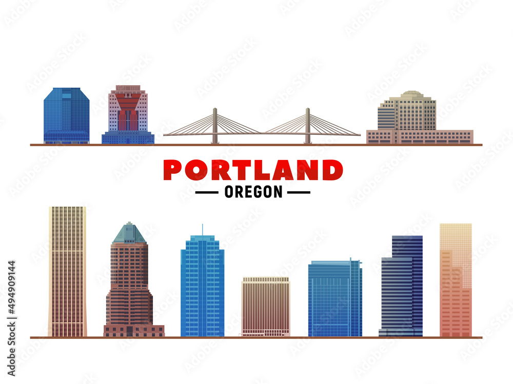 Portland Oregon top landmark at white background. Vector Illustration. Business travel and tourism concept with modern buildings. Image for banner or web site.