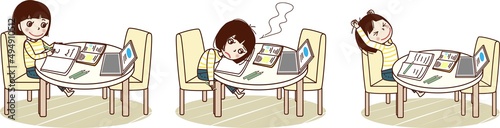 テーブルで勉強をする若い女性のセットイラスト。