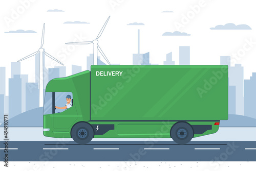 An electric truck with a driver makes a delivery. Vector illustration.