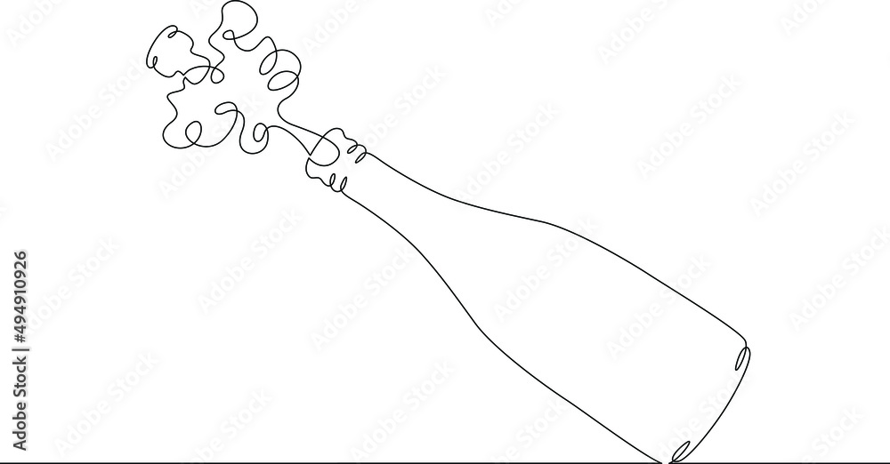 One continuous line.The cork flies out of a bottle of champagne.Bottle ...
