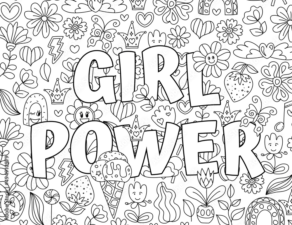 Girl Power. hand drawn coloring pages for kids and adults