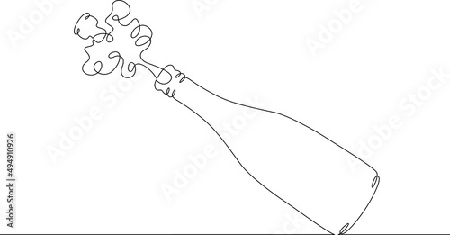One continuous line.The cork flies out of a bottle of champagne.Bottle of wine and glass.Alcohol and wine glasses.Champagne cork flies out of the bottle of sparkling wine.Continuous line drawing