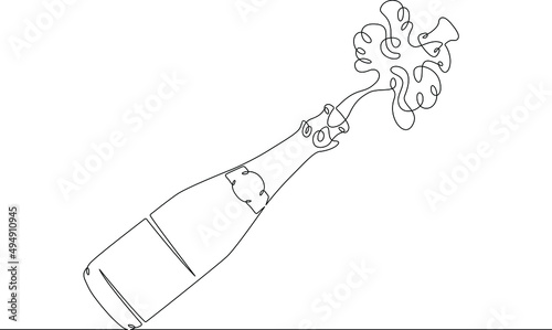 One continuous line.The cork flies out of a bottle of champagne.Bottle of wine and glass.Alcohol and wine glasses.Champagne cork flies out of the bottle of sparkling wine.Continuous line drawing