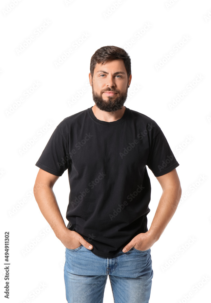 Handsome man in black t-shirt on white background Handsome man in black t-shirt on white background