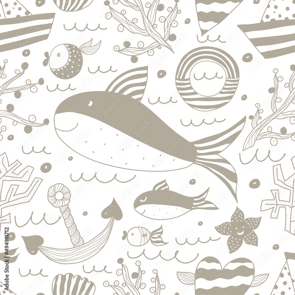 Cute sea. Seamless parttern. Vector background.  Cartoon marine icons. Kid's elements for scrap-booking. Childish background. Hand drawn vector illustration.