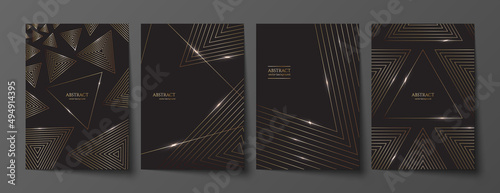 Luxury golden geometric A4 templates set. Collection of black premium backgrounds design with elegant gold striped triangles with shiny borders for invitation, brochure, card or notebook cover