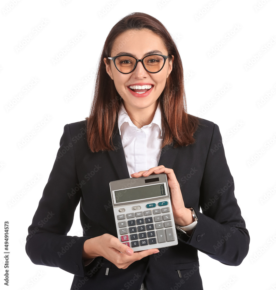 Pretty businesswoman with calculator on white background Pretty businesswoman with calculator on white background