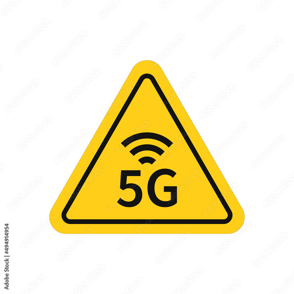 5G yellow triangular warning sign. Danger radiation vector 5G yellow triangular warning sign. Danger radiation vector