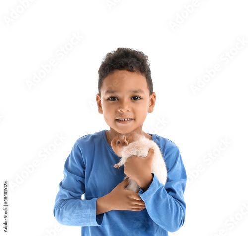 Little African-American boy with cute guinea pig isolated on white photo