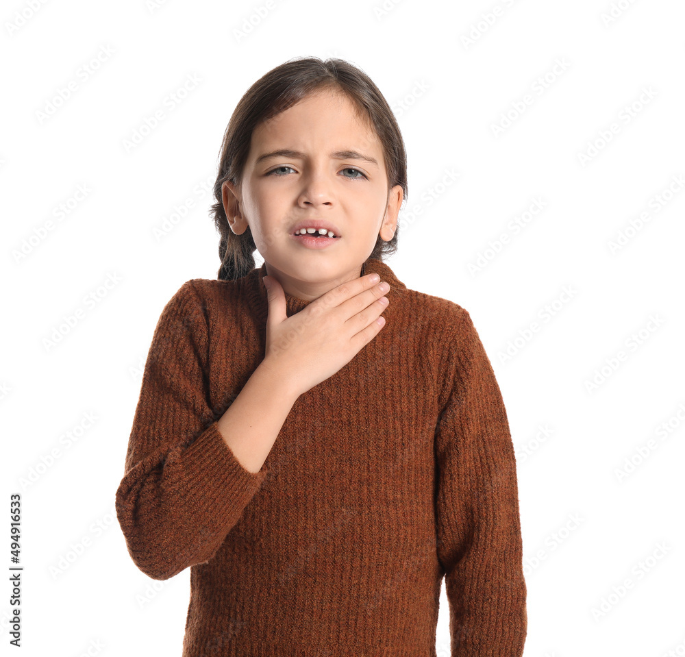 Little girl suffering from sore throat on white background Little girl suffering from sore throat on white background