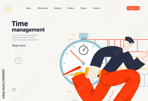 Technology Memphis -Time management - modern flat vector concept digital illustration of time management metaphor, a stopwatch, timeline and people in workflow. Creative landing web page template