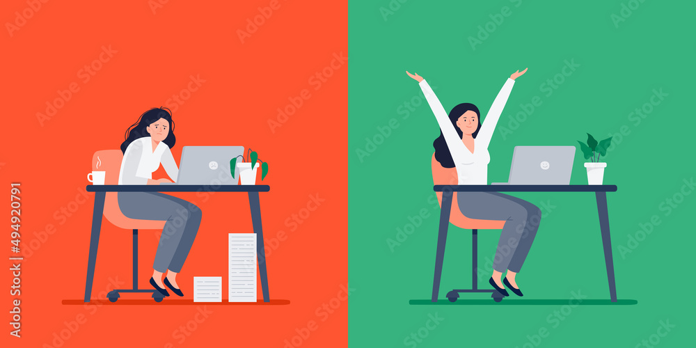 Low energy and high energy comparison. A businesswoman in a tired and energetic state. A woman successful doing her work. Frustrated female worker feeling overwhelmed. Vector flat illustration.